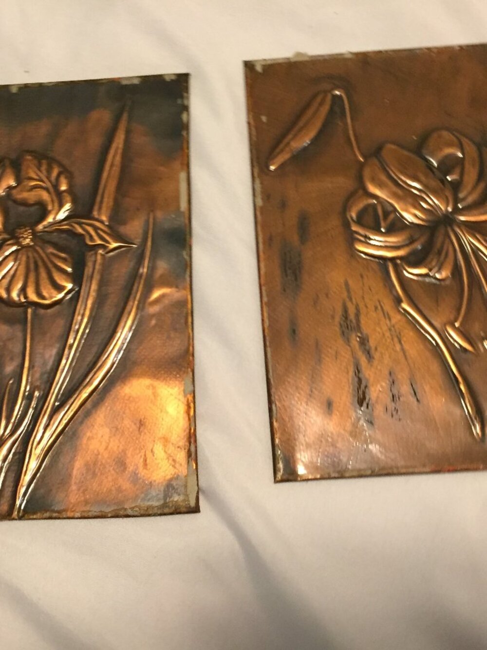 Set of 2 Vintage Copper 3D High Relief Floral Art Picture Plaques 7”x 5”